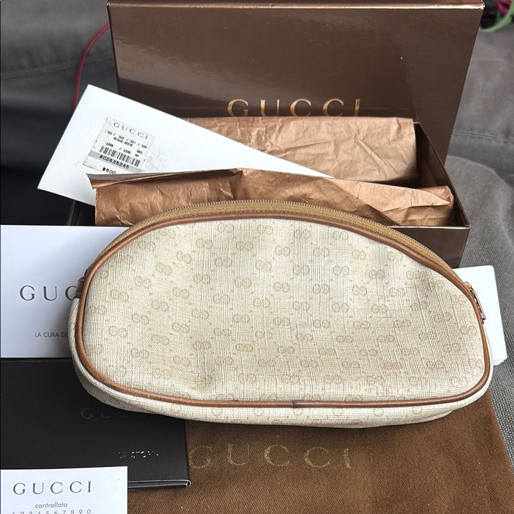 Gucci Micro Gg Beige and Brown Monogram Cosmetic clutch Pouch all inclusive!